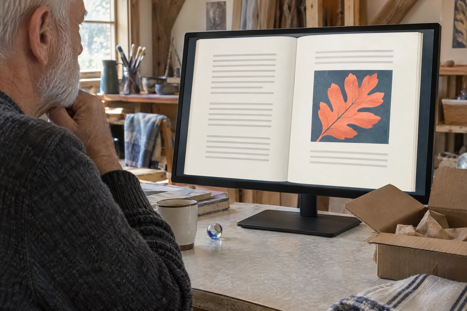 A man in his sixties with a close-cropped white beard in a charcoal sweater at a craft barn looks at a screen showing a delivery product for sale, with a glass marble beside them.