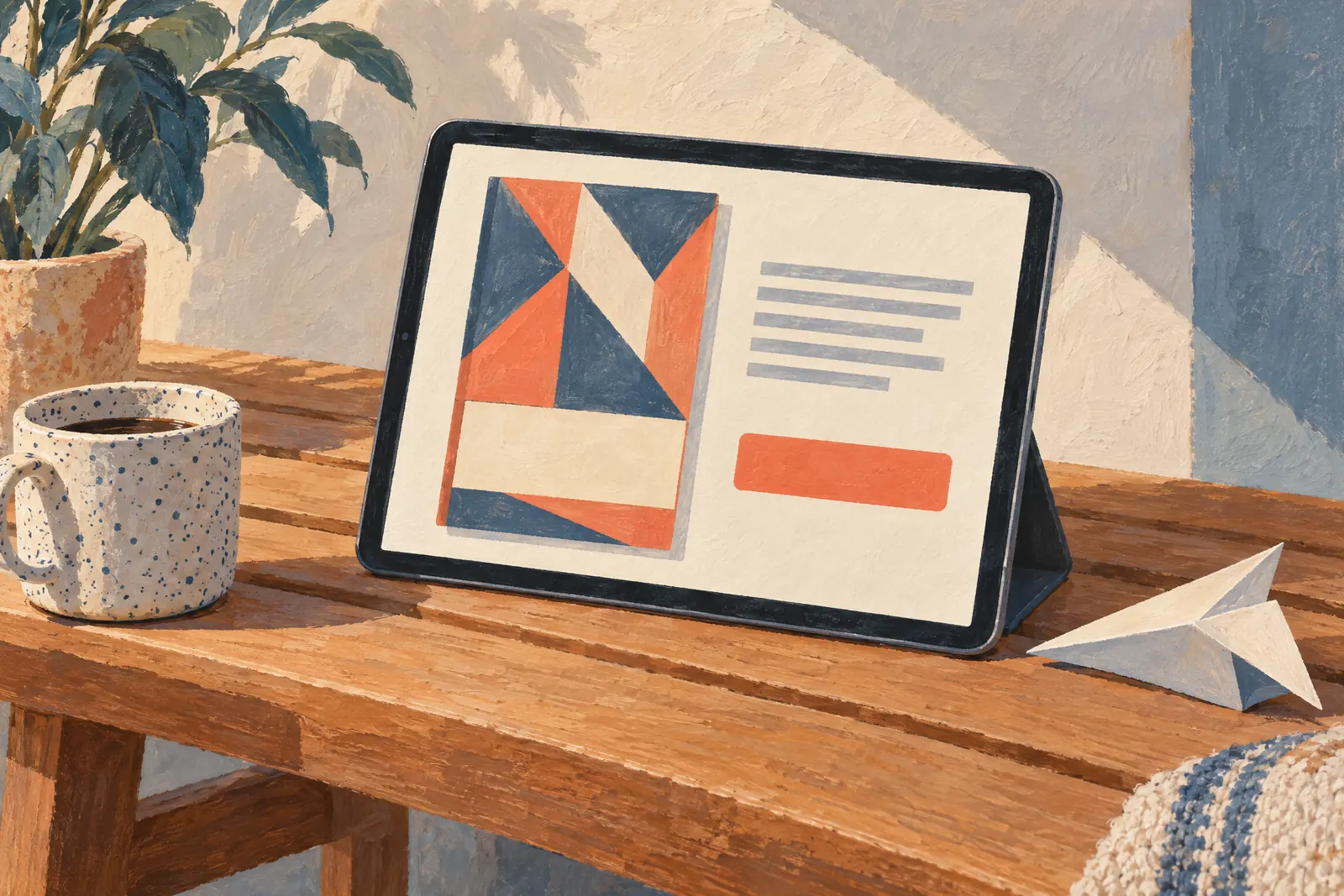 A guest room still life of a general product arranged with a paper airplane, in coral, sand, slate, and cream.