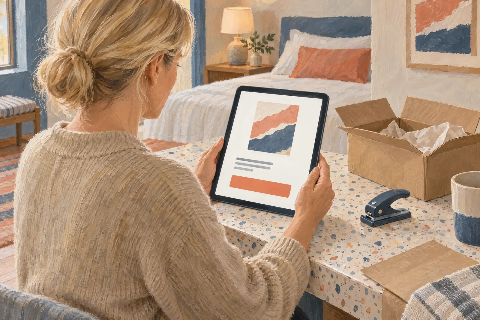 A woman in her forties with blonde hair tied back in a sand cardigan at a guest room looks at a screen showing a delivery product for sale, with a hole punch beside them.
