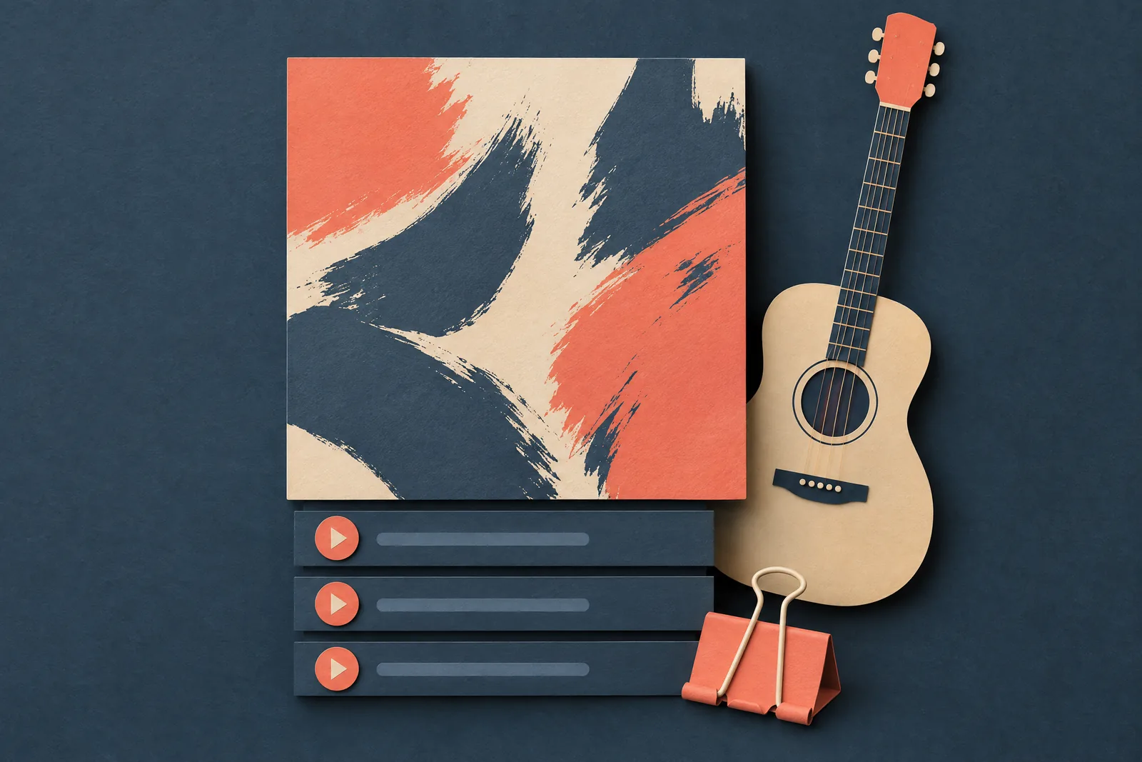 A clay studio still life of a music product arranged with a black binder clip, in coral, sand, slate, and cream.