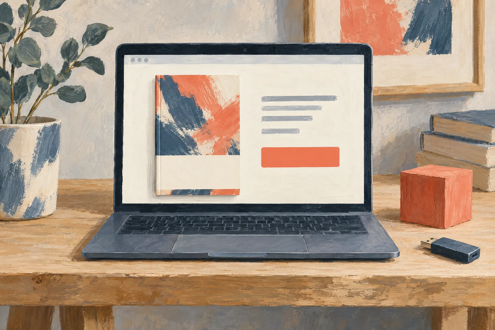 A writing cabin still life of a software product arranged with a coral wooden cube, in coral, sand, slate, and cream.