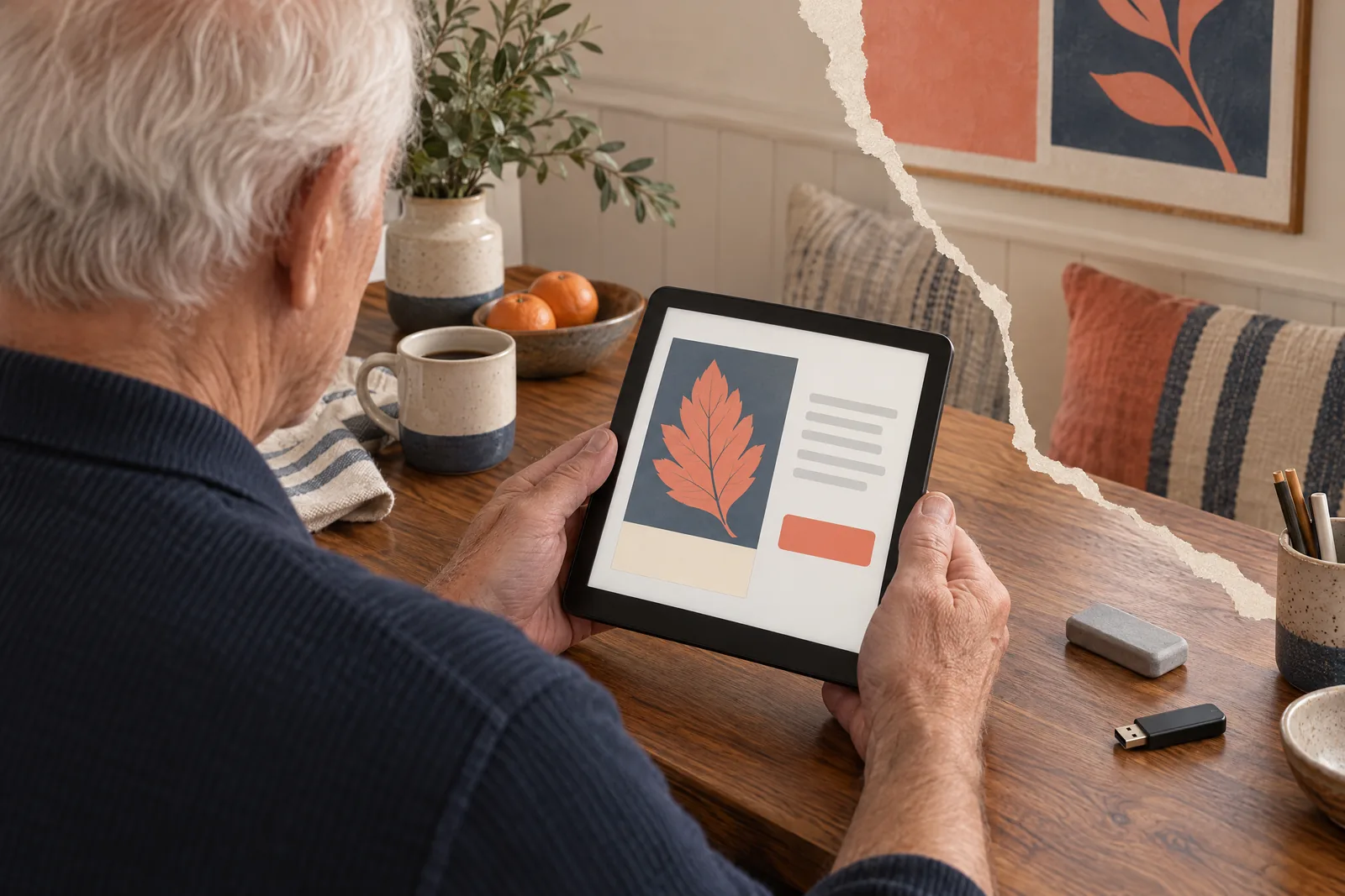 A man in his seventies with white hair in a navy knit polo at a kitchen nook looks at a screen showing a software product for sale, with a gray eraser beside them.