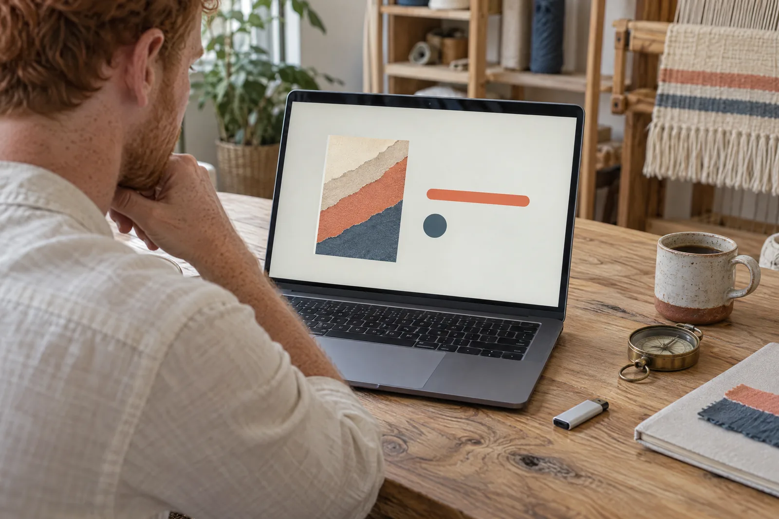 A man in his thirties with red hair and freckles in a cream linen shirt at a weave studio looks at a screen showing a software product for sale, with a brass compass beside them.