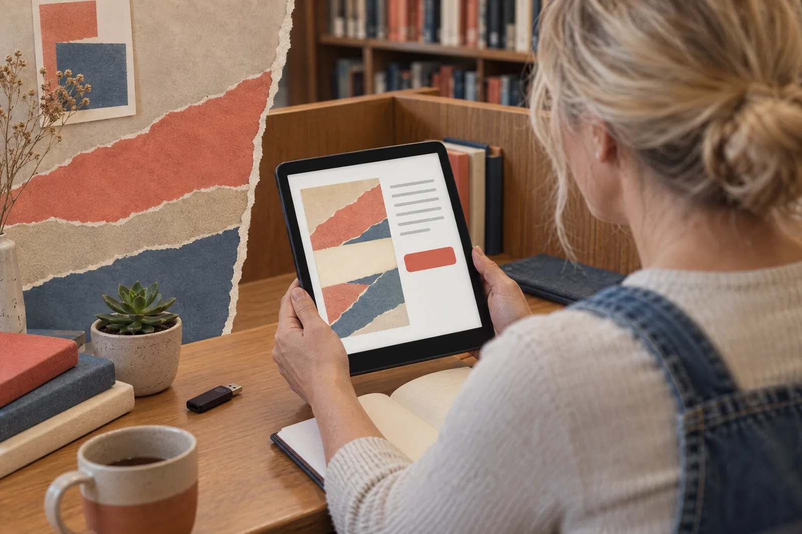 A woman in her forties with blonde hair tied back in a denim overalls at a library carrel looks at a screen showing a software product for sale, with a tiny succulent beside them.