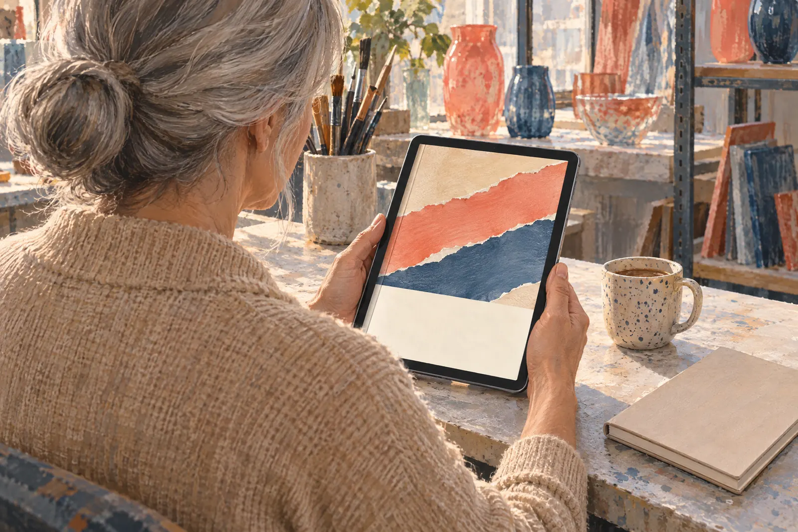 A woman in her fifties with silver hair in a low bun in a sand cardigan at a glass studio looks at a screen showing a ebook product for sale, with a speckled ceramic cup beside them.