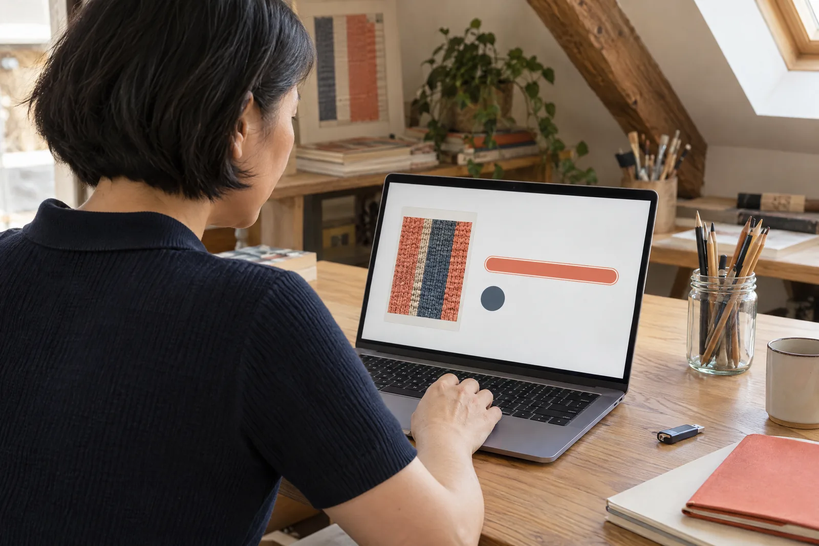 An east asian woman in her forties with a short bob in a navy knit polo at a attic studio looks at a screen showing a software product for sale, with a glass jar of pencils beside them.