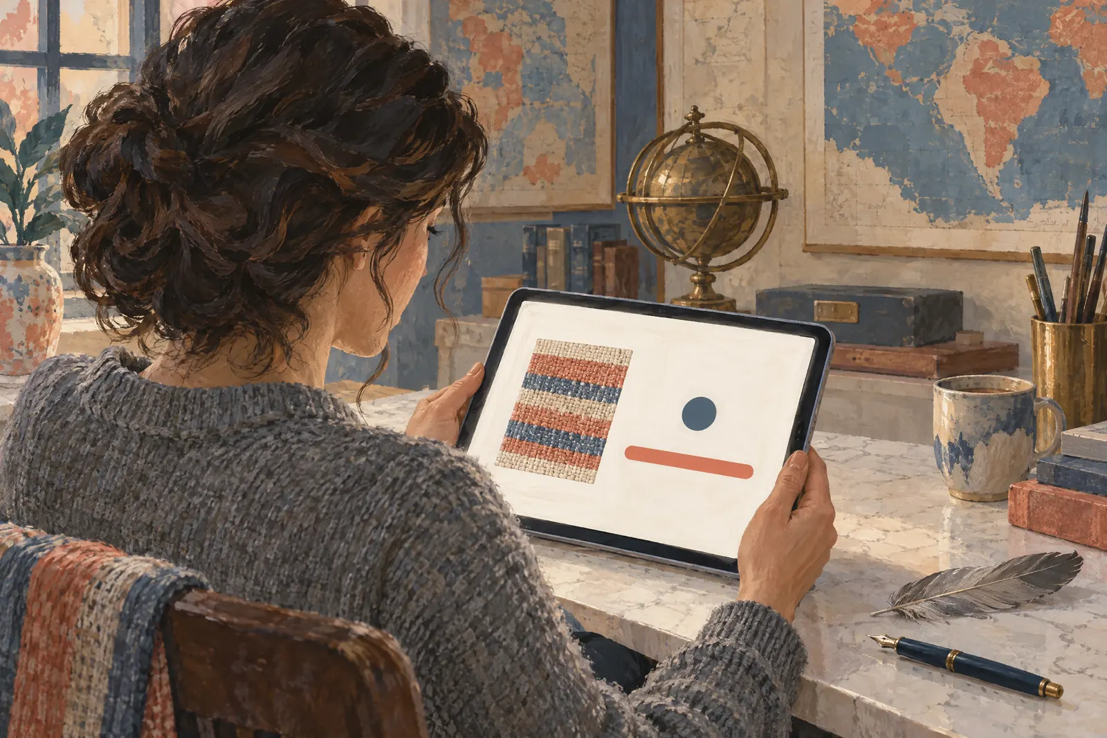 A woman in her thirties with dark wavy hair in a heather gray wool sweater at a map room looks at a screen showing a payment product for sale, with a gray feather beside them.