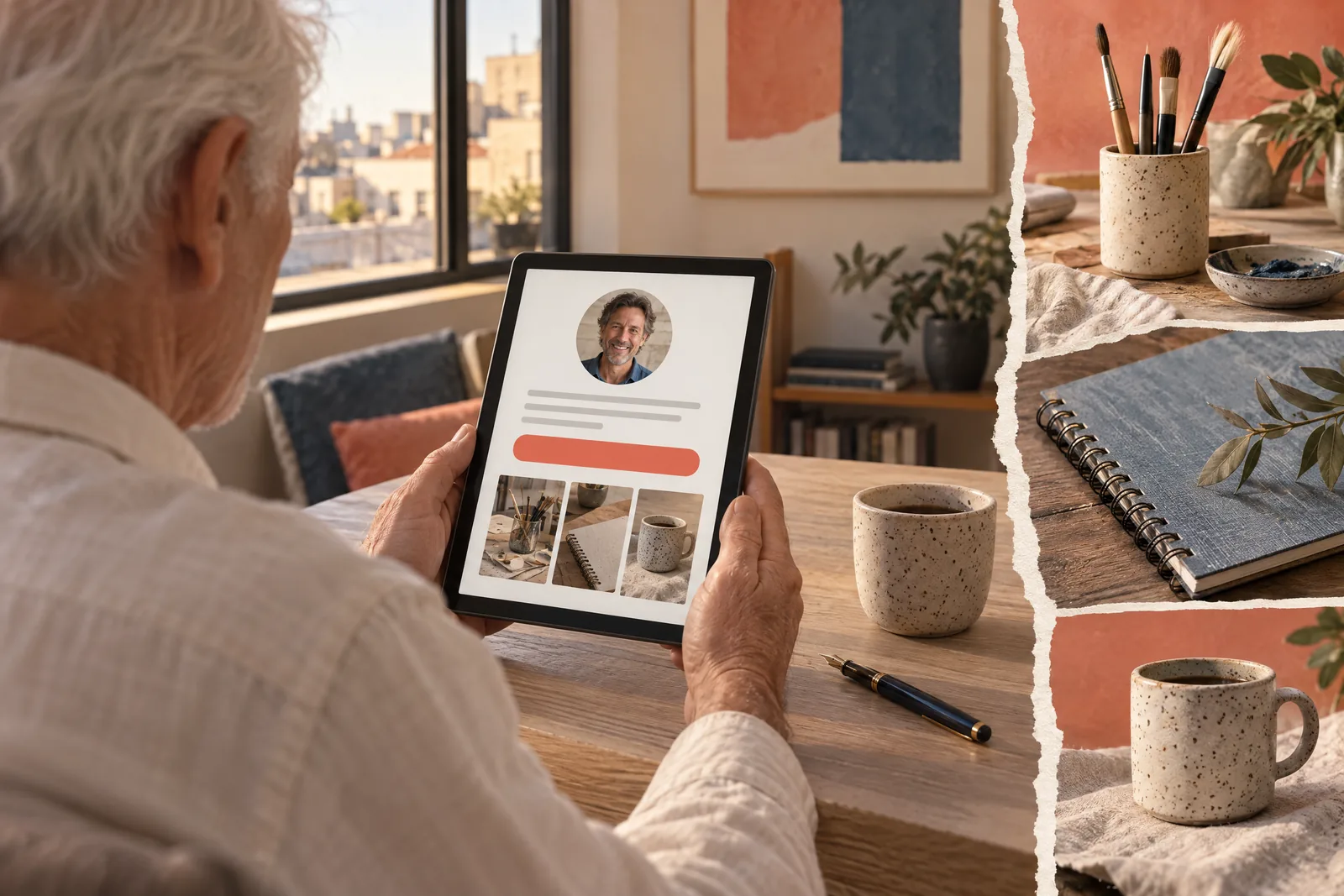 A man in his seventies with white hair in a cream linen shirt at a rooftop room looks at a screen showing a general product for sale, with a fountain pen beside them.