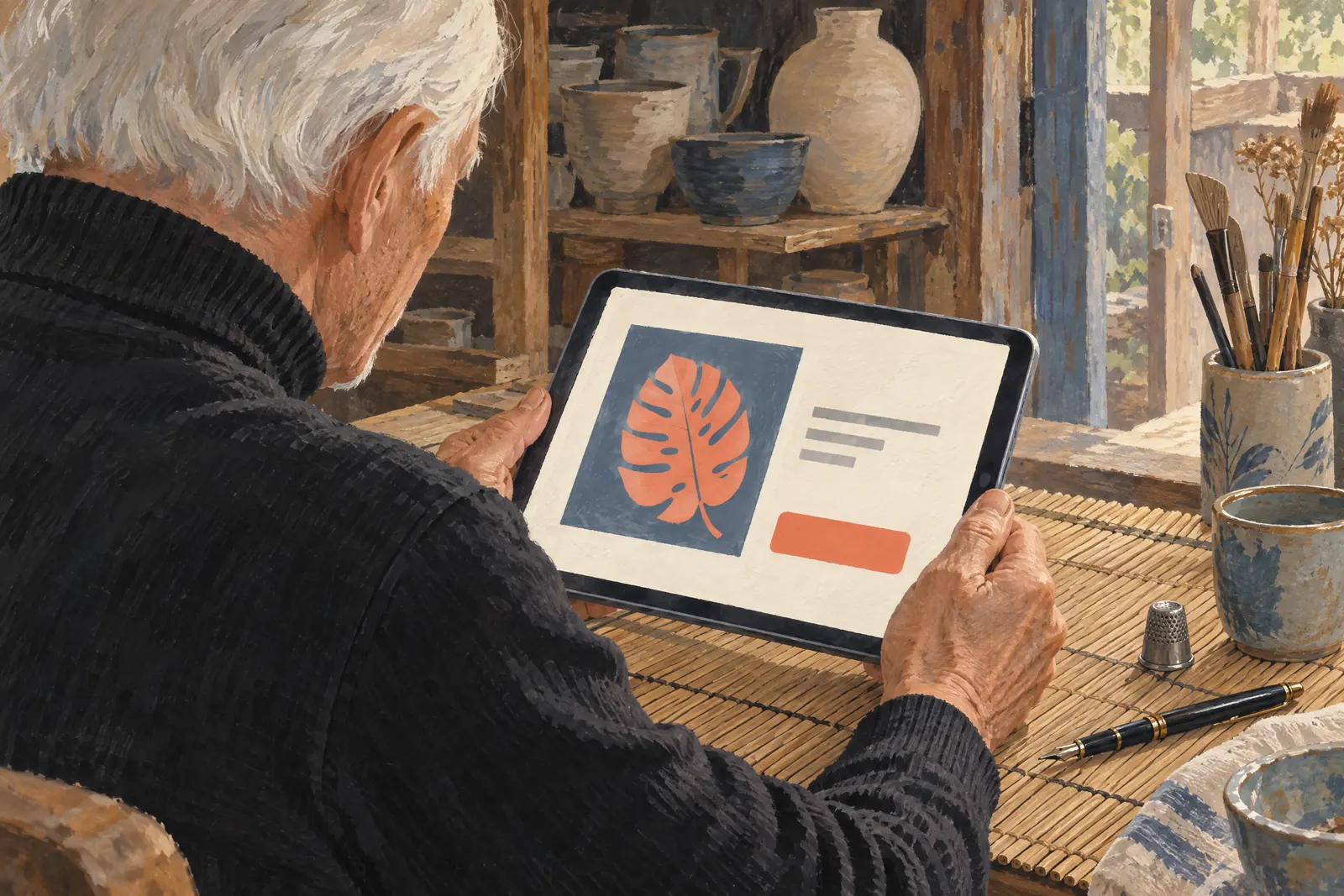 A man in his seventies with white hair in a black turtleneck at a pottery shed looks at a screen showing a payment product for sale, with a metal thimble beside them.