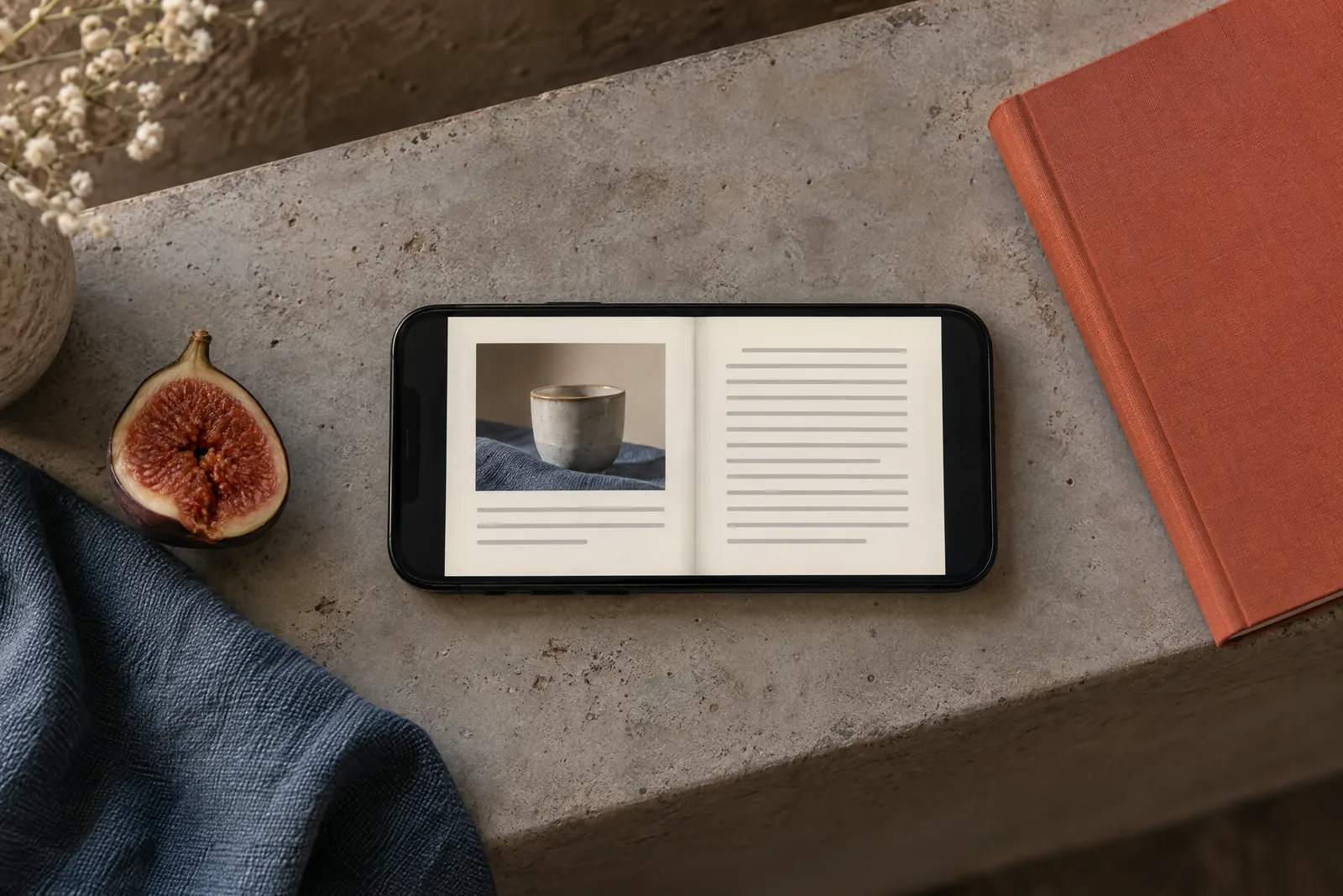 A tailor shop still life of a ebook product arranged with a split fig, in coral, sand, slate, and cream.