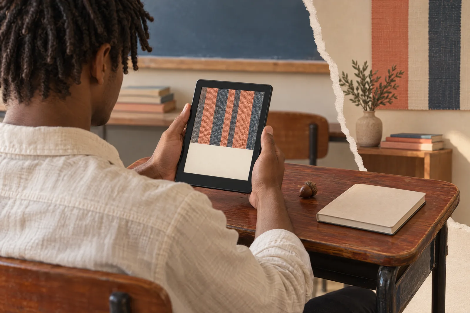 A young man with short locs in a cream linen shirt at a schoolroom desk looks at a screen showing a ebook product for sale, with an acorn beside them.