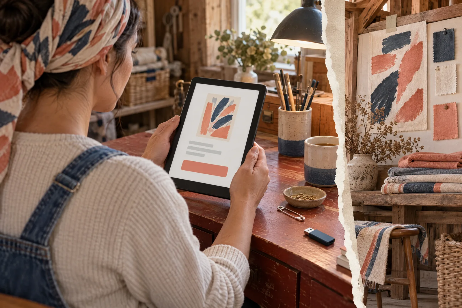 A woman in her thirties wearing a headscarf in a denim overalls at a craft barn looks at a screen showing a software product for sale, with a safety pin beside them.