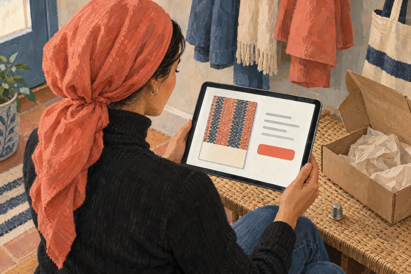 A woman in her thirties wearing a headscarf in a black turtleneck at a mudroom bench looks at a screen showing a delivery product for sale, with a metal thimble beside them.