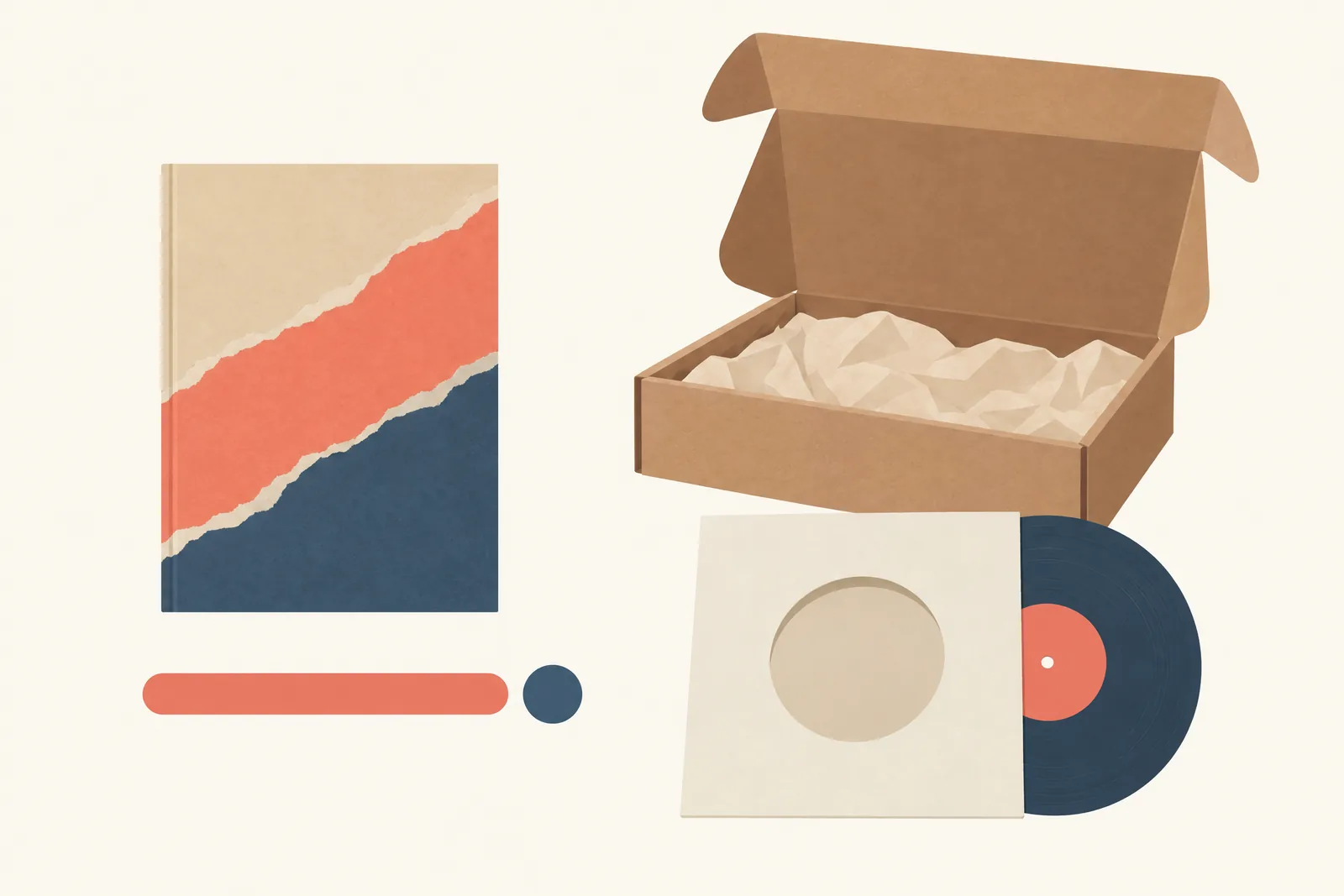 A studio apartment still life of a delivery product arranged with a blank vinyl sleeve, in coral, sand, slate, and cream.