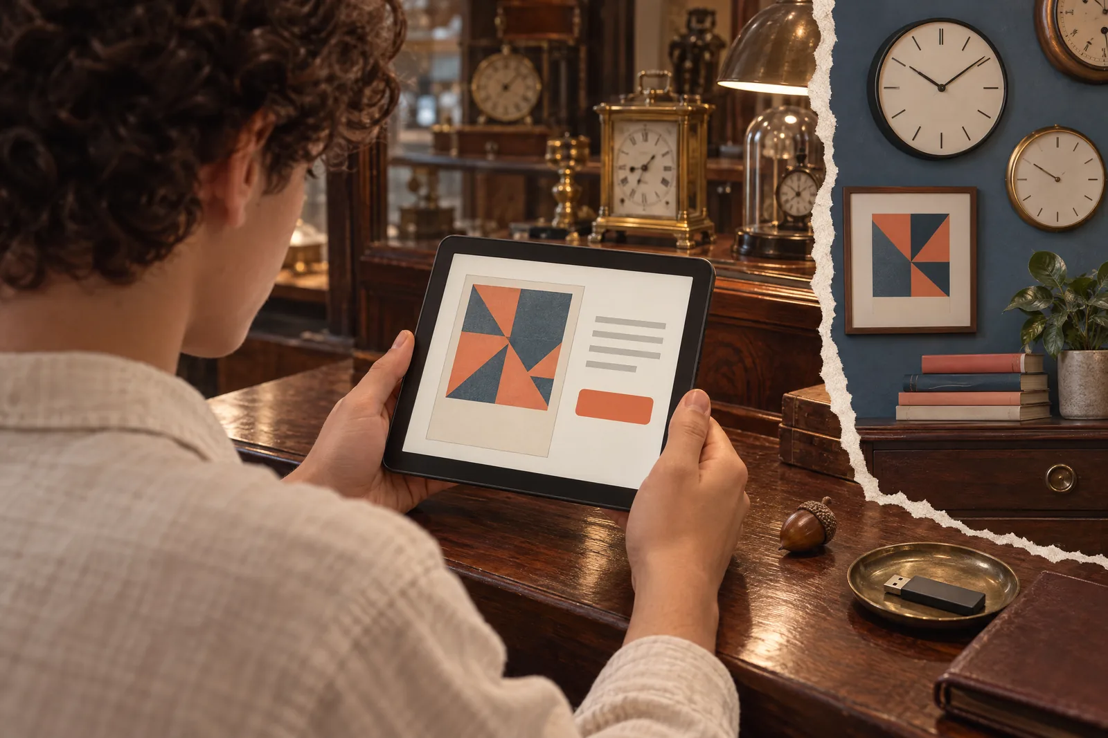 A teenager with curly hair in a cream linen shirt at a clock shop looks at a screen showing a software product for sale, with an acorn beside them.