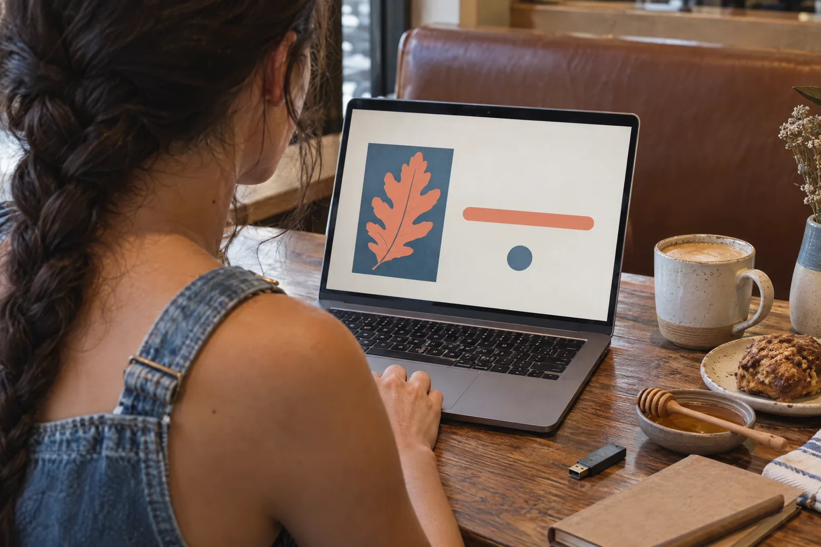 A woman in her twenties with a long dark braid in a denim overalls at a cafe booth looks at a screen showing a software product for sale, with a honey dipper beside them.