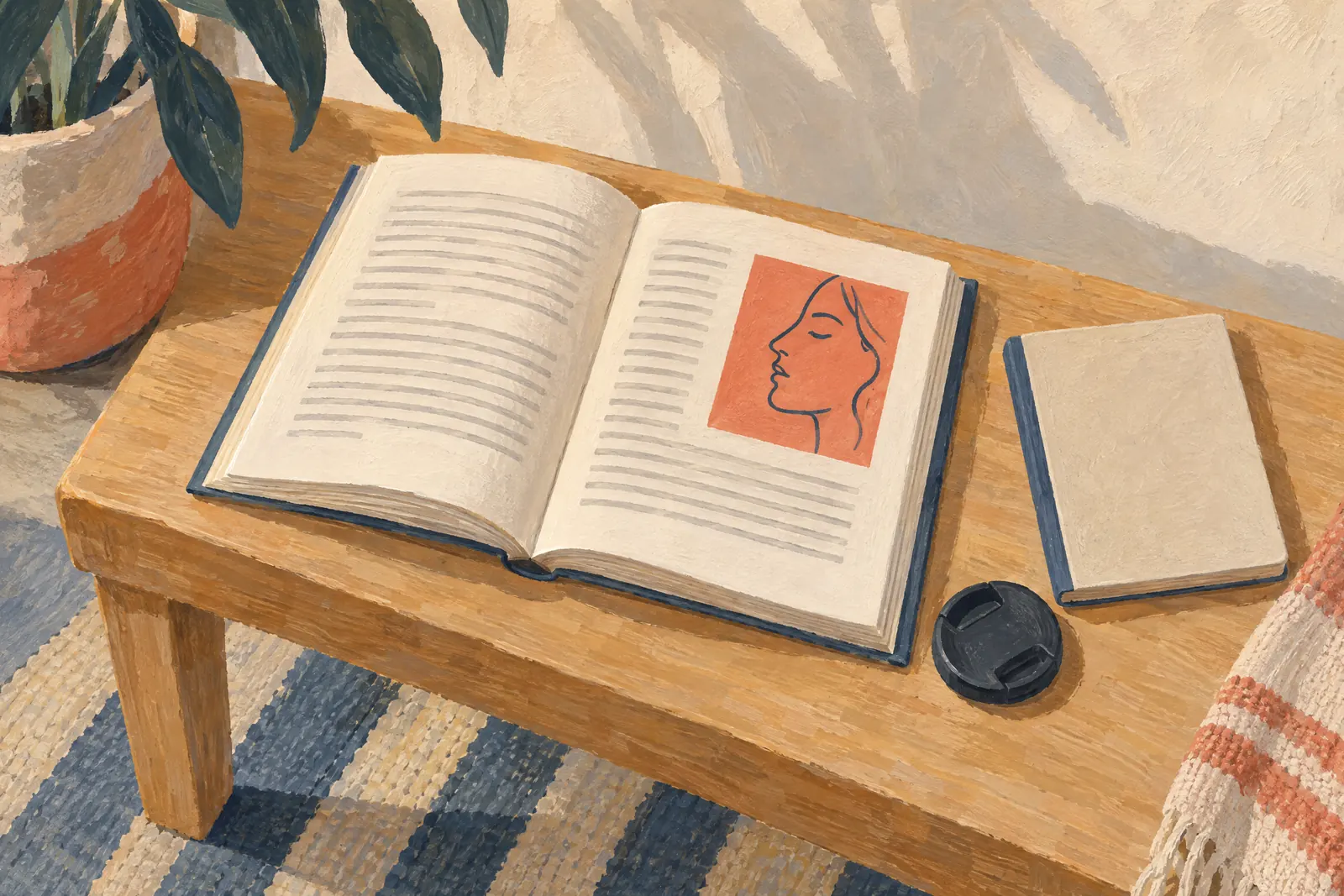 A frame shop still life of a book product arranged with a camera lens cap, in coral, sand, slate, and cream.
