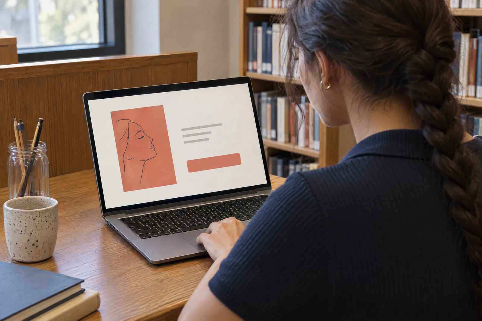 A woman in her twenties with a long dark braid in a navy knit polo at a library carrel looks at a screen showing a general product for sale, with a glass jar of pencils beside them.