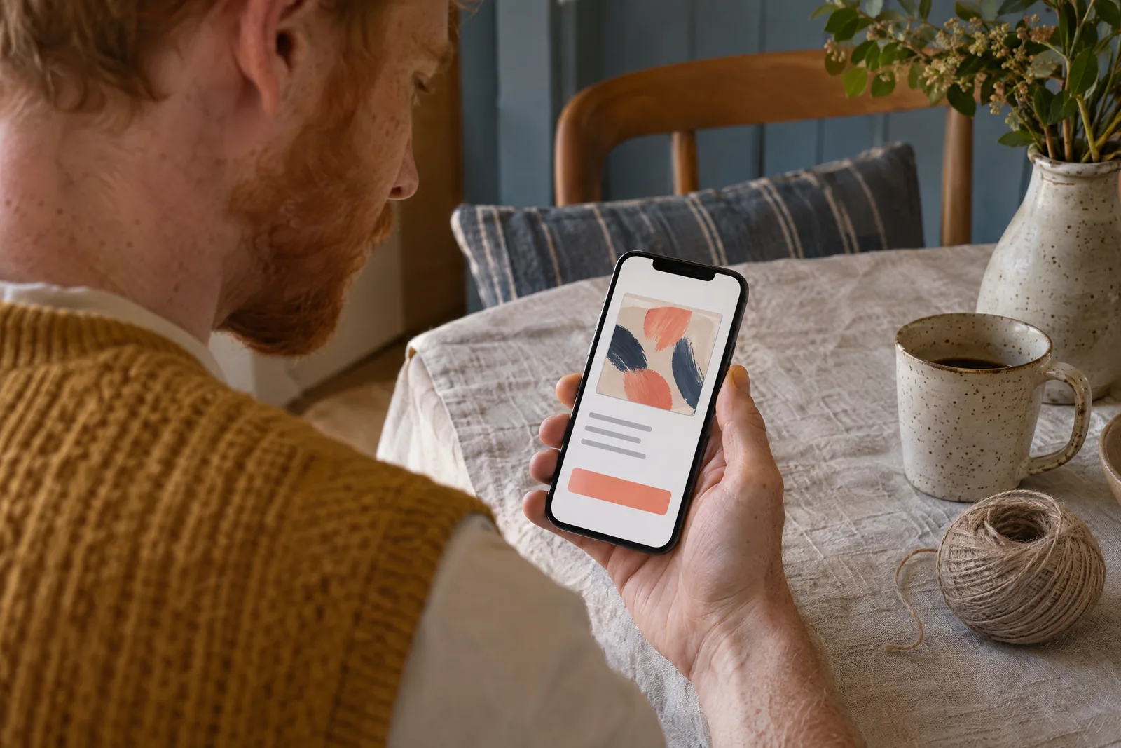 A man in his thirties with red hair and freckles in a mustard knit vest at a dining alcove looks at a screen showing a general product for sale, with a ball of twine beside them.