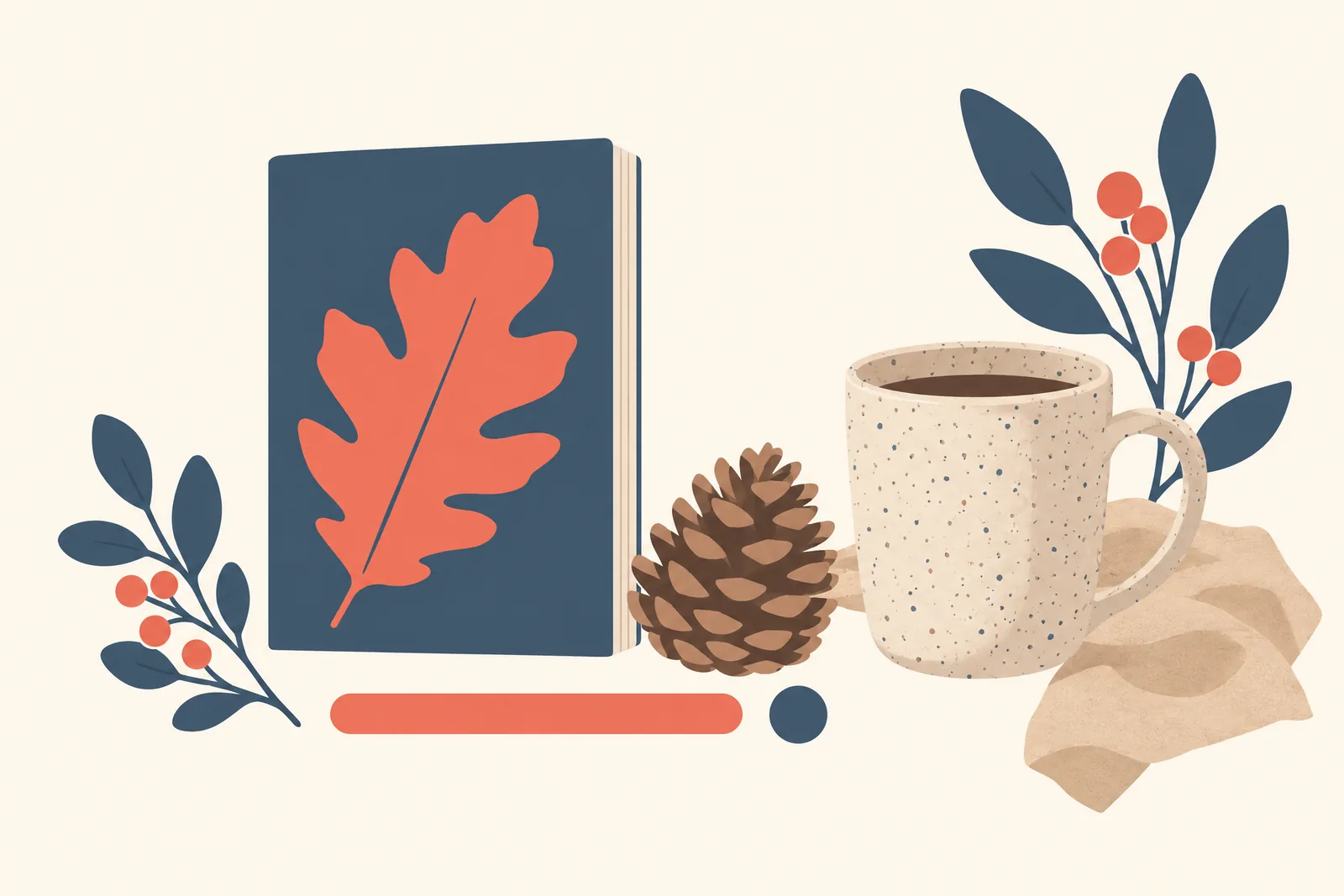 A cabin desk still life of a general product arranged with a pinecone, in coral, sand, slate, and cream.