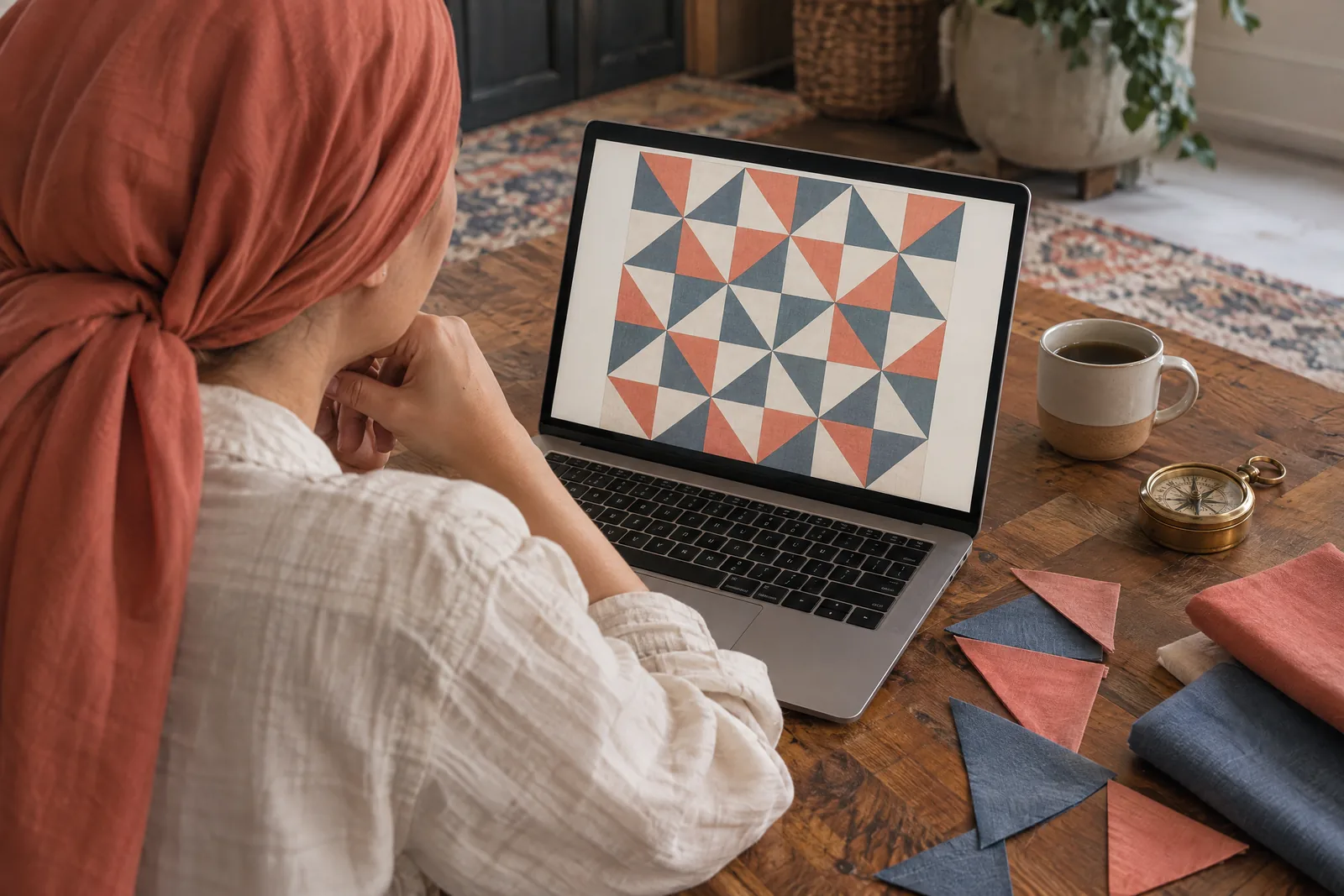 A woman in her thirties wearing a headscarf in a cream linen shirt at a hotel desk looks at a screen showing a craft product for sale, with a brass compass beside them.