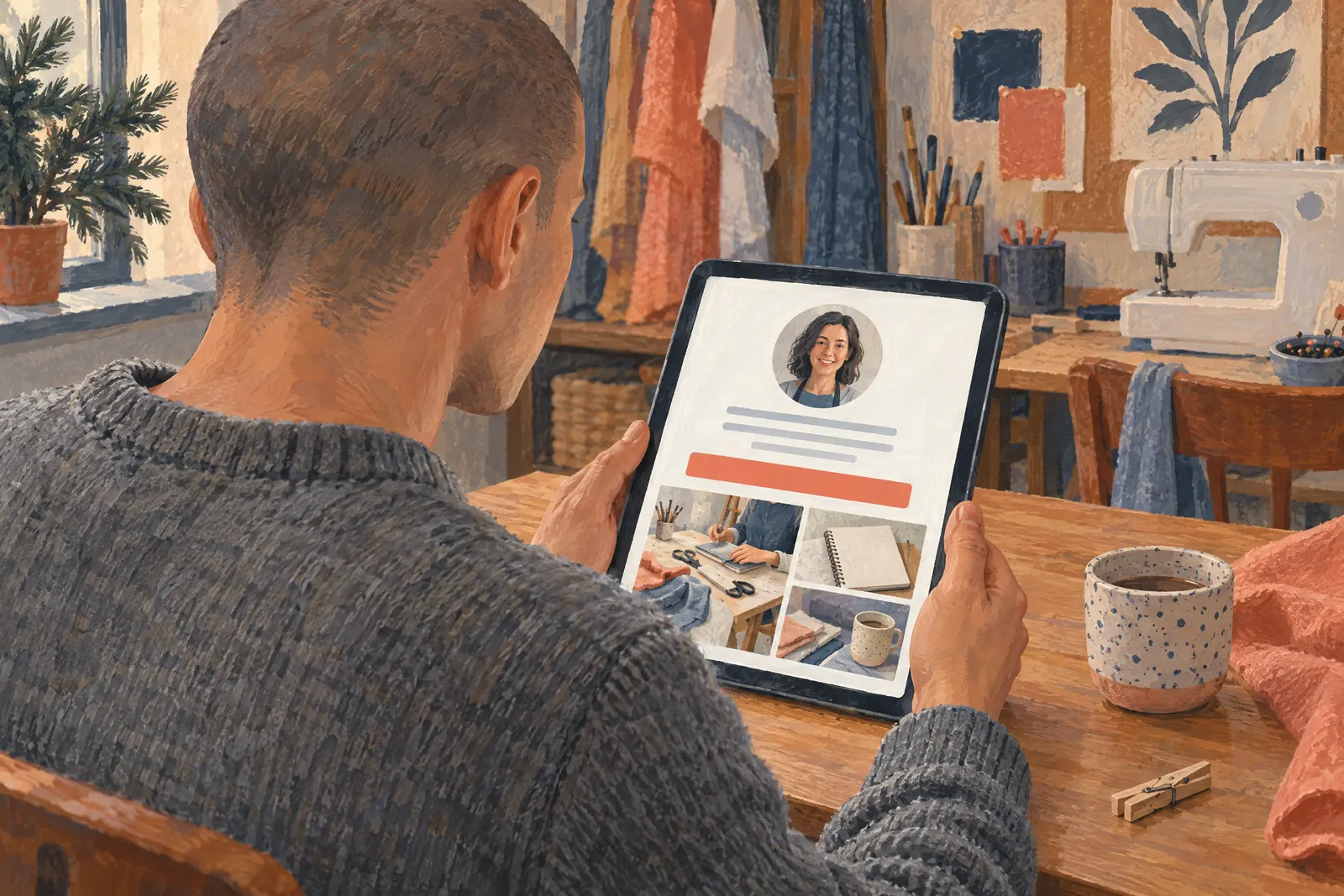 A man in his twenties with a shaved head in a heather gray wool sweater at a sewing room looks at a screen showing a general product for sale, with a wooden clothespin beside them.
