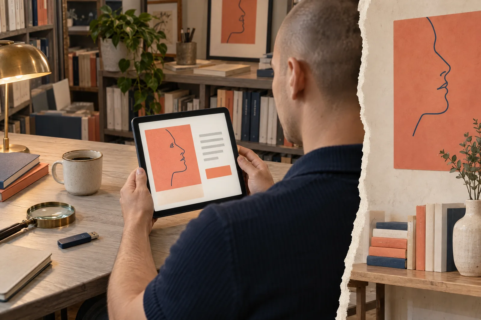 A man in his twenties with a shaved head in a navy knit polo at a bookstore office looks at a screen showing a software product for sale, with a magnifying glass beside them.