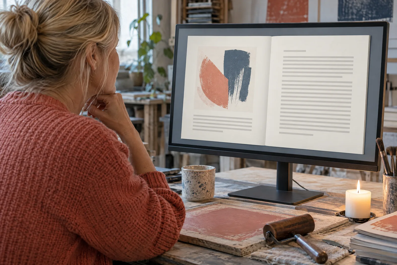 A woman in her forties with blonde hair tied back in a coral knit sweater at a print studio looks at a screen showing a general product for sale, with a short white candle beside them.