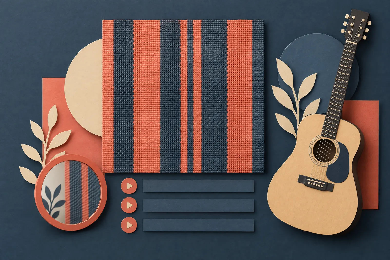 A editing bay still life of a music product arranged with a small round mirror, in coral, sand, slate, and cream.