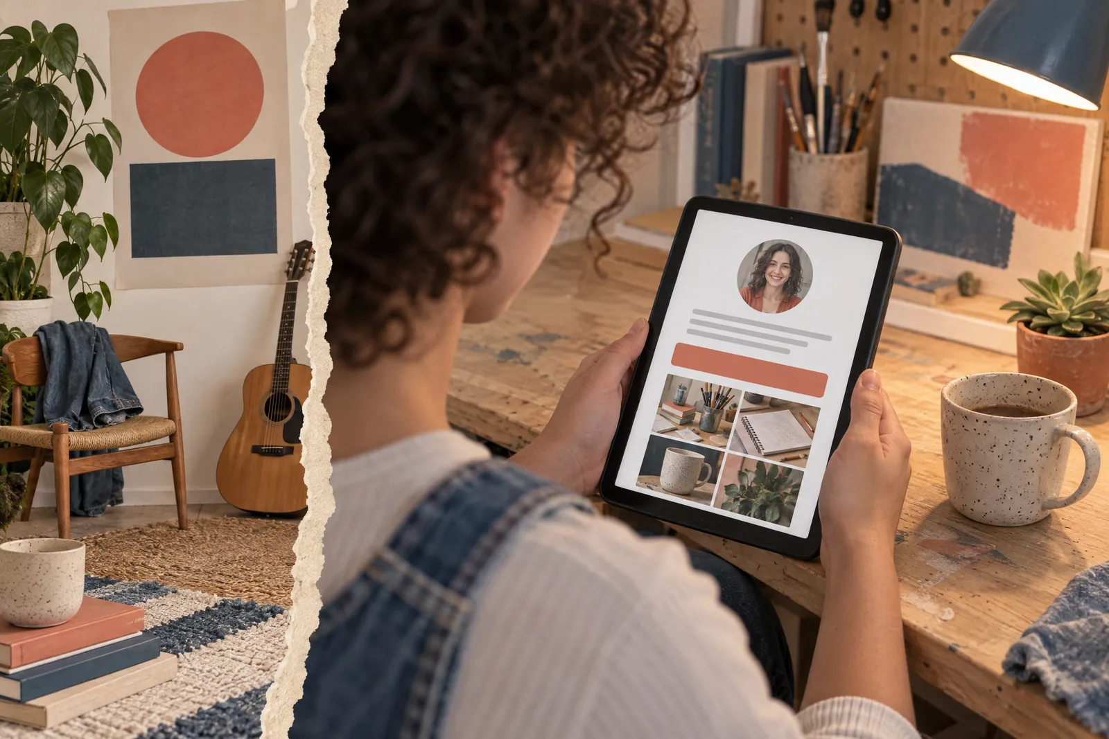 A teenager with curly hair in a denim overalls at a rehearsal corner looks at a screen showing a general product for sale, with a tiny succulent beside them.