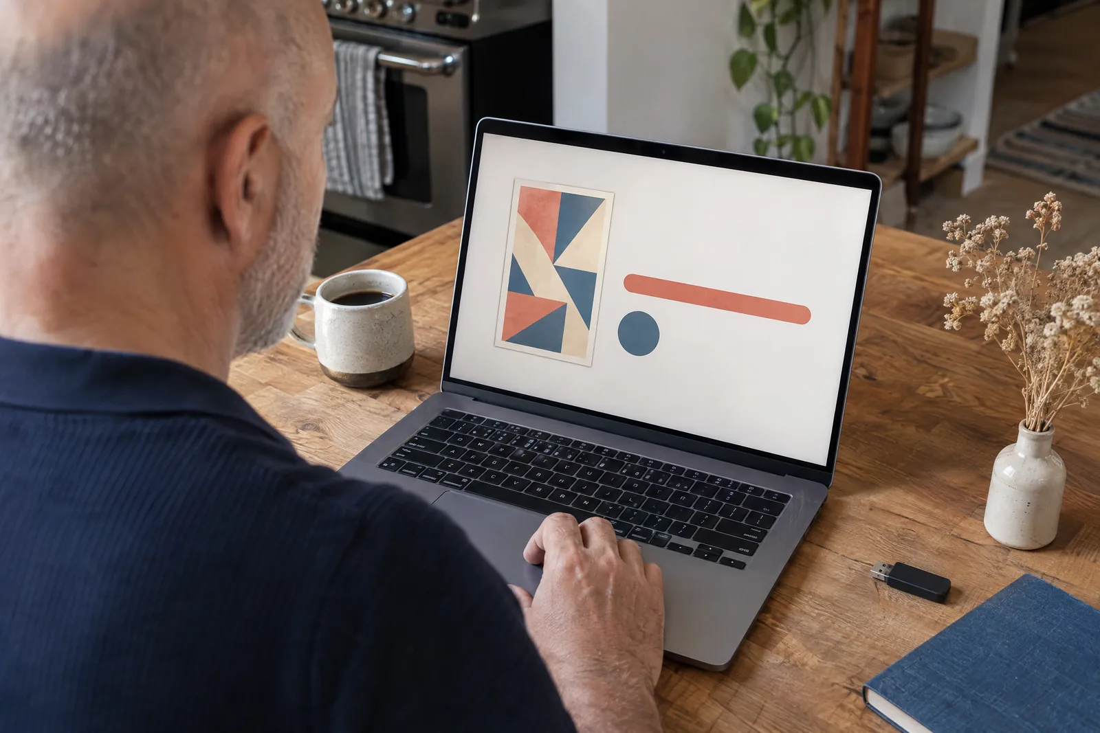 A bald man in his fifties with gray stubble in a navy knit polo at a studio apartment looks at a screen showing a software product for sale, with a dried flower beside them.