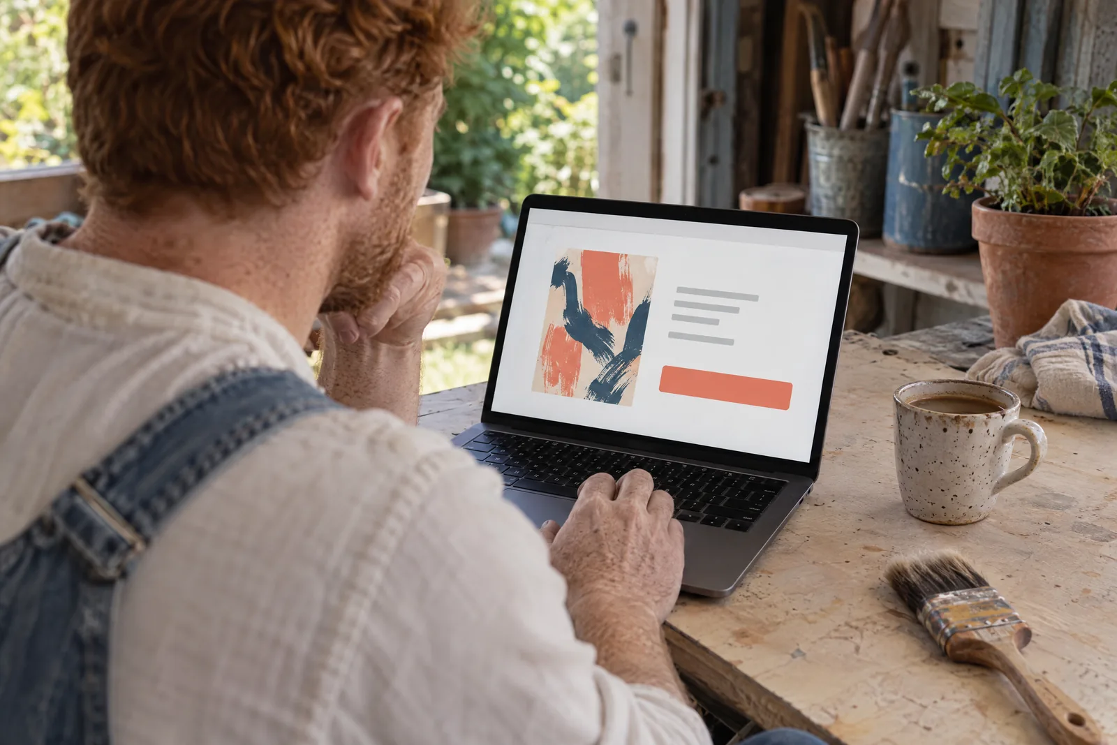 A man in his thirties with red hair and freckles in a denim overalls at a garden shed looks at a screen showing a general product for sale, with a wide paintbrush beside them.