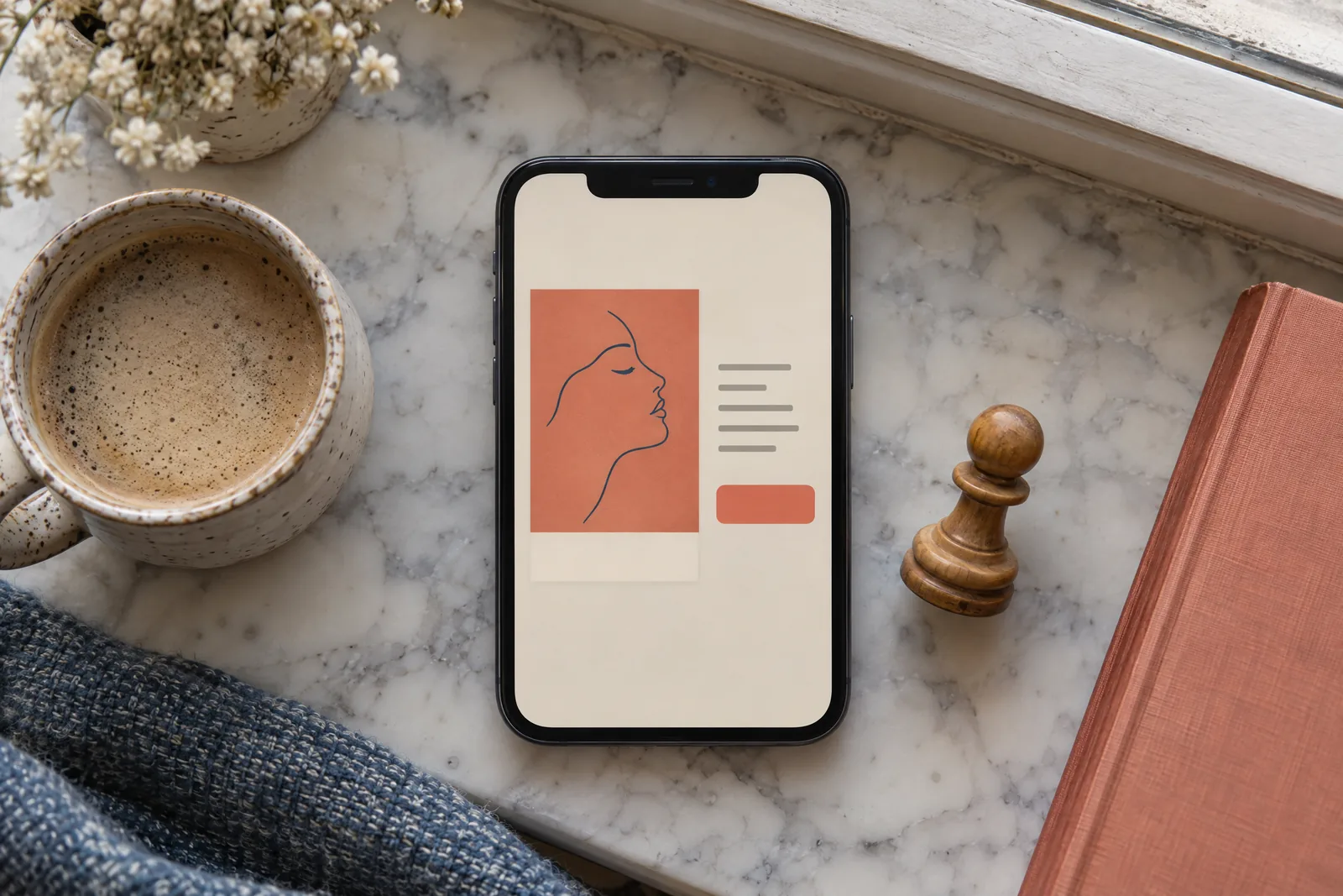 A window seat still life of a general product arranged with a wooden chess pawn, in coral, sand, slate, and cream.