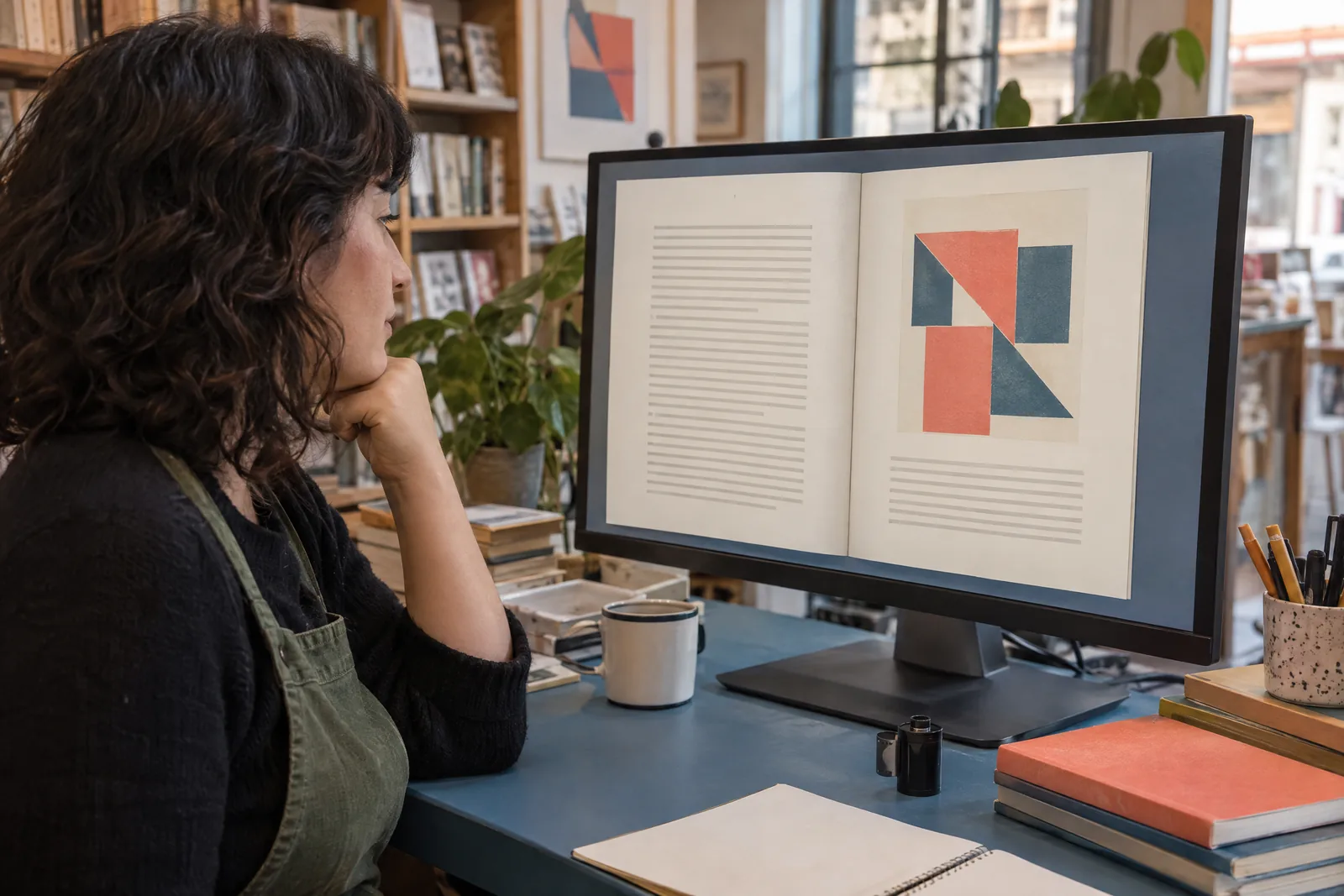 A woman in her thirties with dark wavy hair in a green canvas apron at a bookstore office looks at a screen showing a video product for sale, with a black film canister beside them.