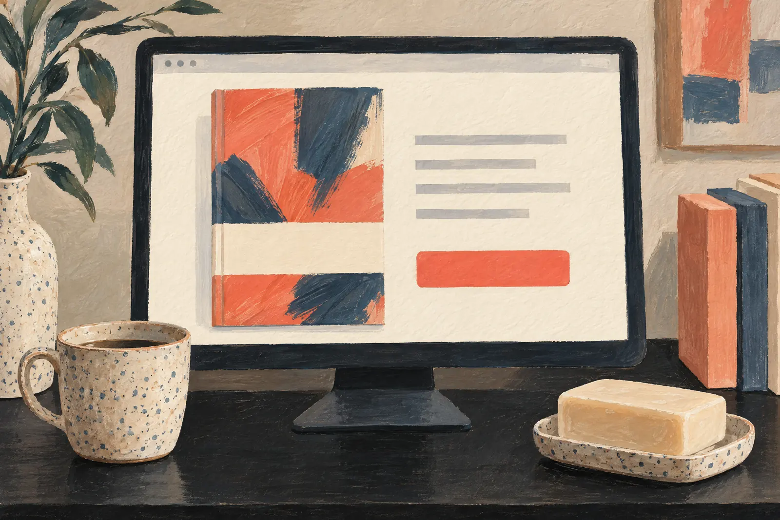 A pottery shed still life of a general product arranged with a bar of cream soap, in coral, sand, slate, and cream.