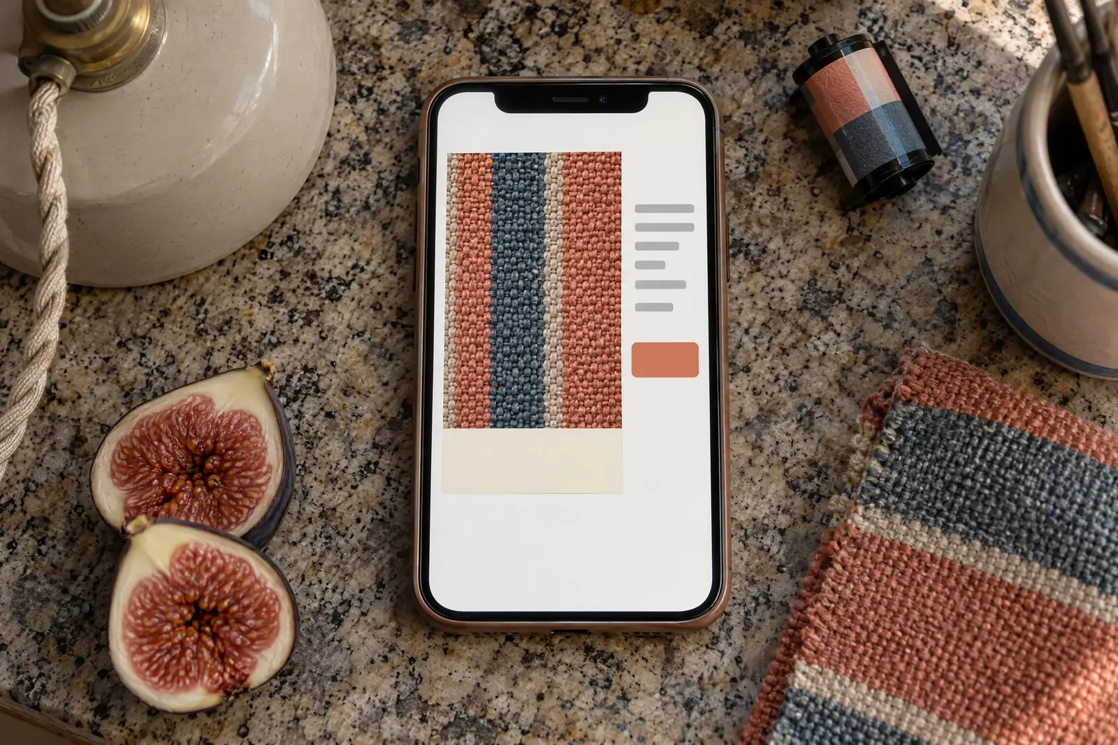 A lamp workshop still life of a video product arranged with a split fig, in coral, sand, slate, and cream.
