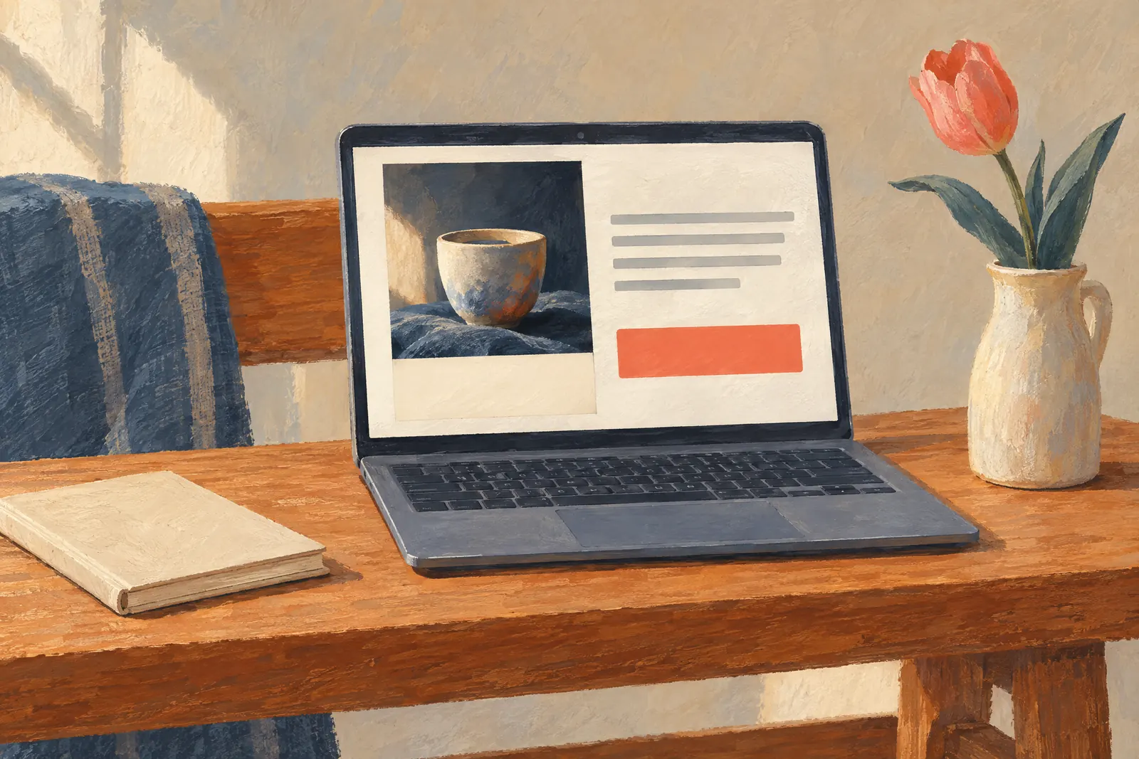 A rooftop room still life of a ebook product arranged with a single tulip, in coral, sand, slate, and cream.