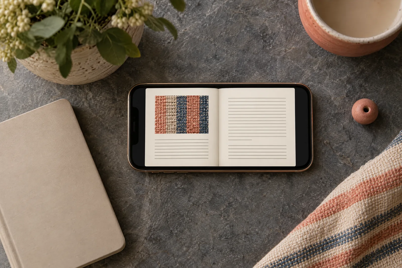 A conservatory still life of a ebook product arranged with a clay bead, in coral, sand, slate, and cream.