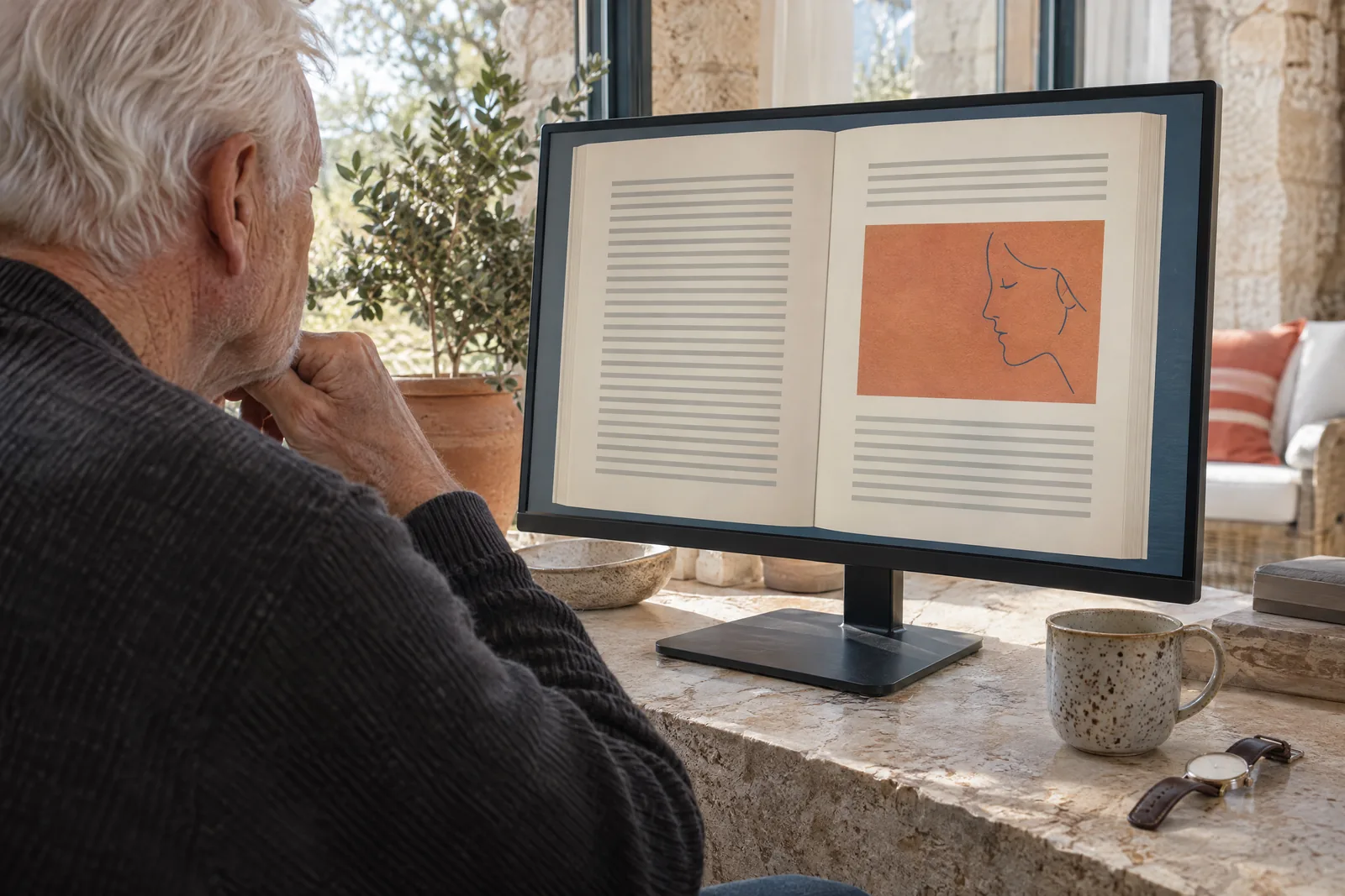 A man in his seventies with white hair in a charcoal sweater at a sunroom looks at a screen showing a general product for sale, with a wristwatch with a blank face beside them.