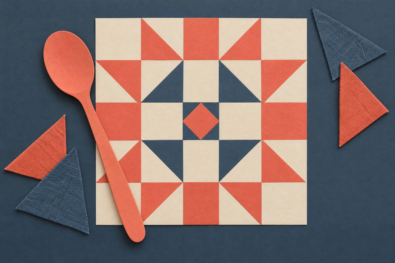 A cafe booth still life of a craft product arranged with a wooden spoon, in coral, sand, slate, and cream.