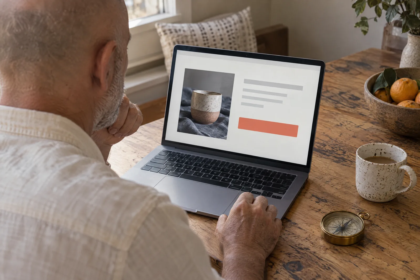 A bald man in his fifties with gray stubble in a cream linen shirt at a kitchen nook looks at a screen showing a general product for sale, with a brass compass beside them.
