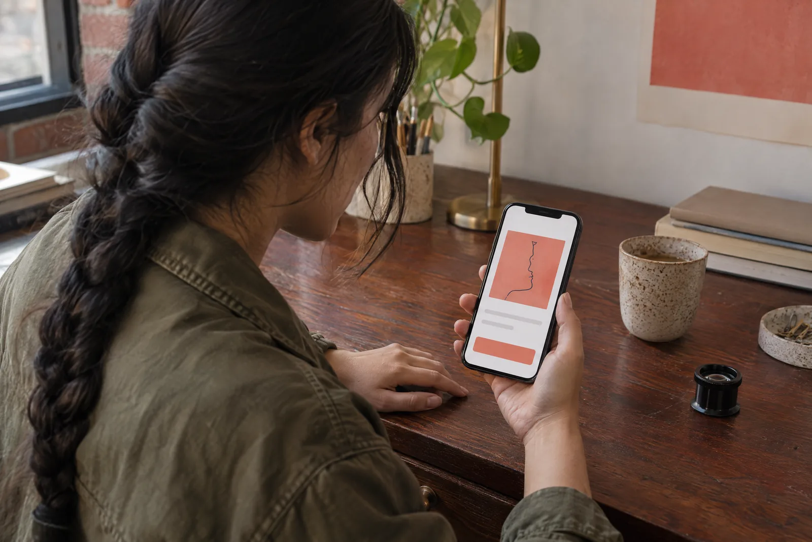 A woman in her twenties with a long dark braid in a olive field jacket at a loft corner looks at a screen showing a general product for sale, with a film loupe beside them.