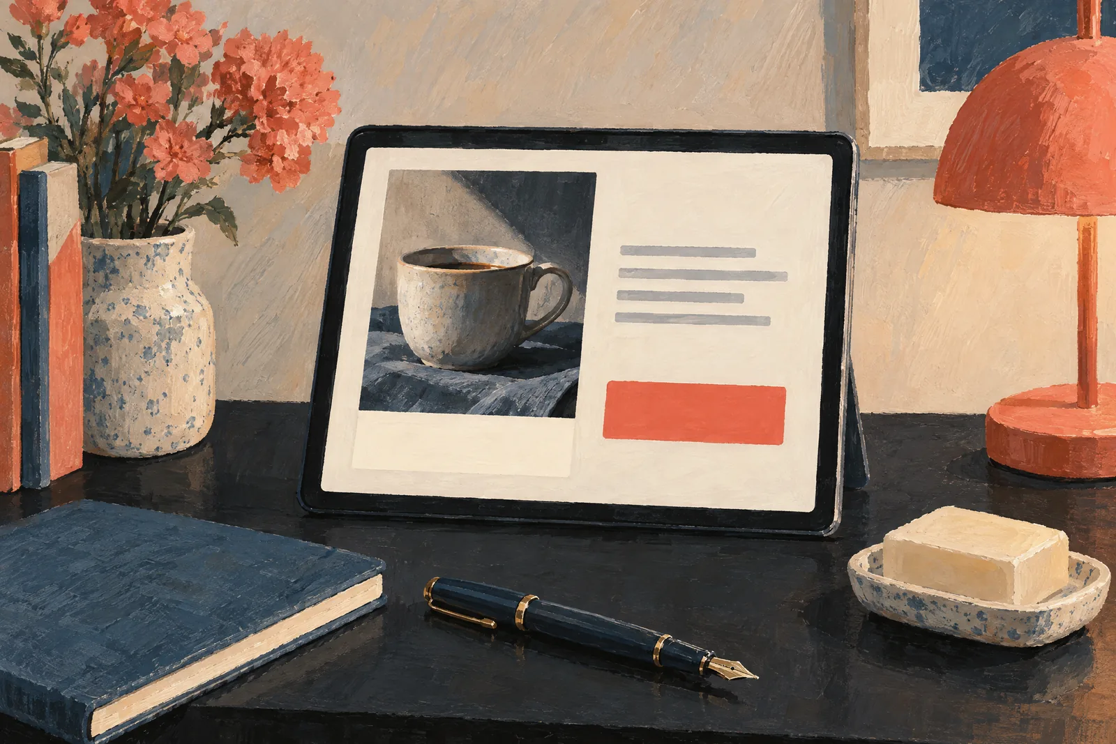 A glass balcony still life of a payment product arranged with a bar of cream soap, in coral, sand, slate, and cream.