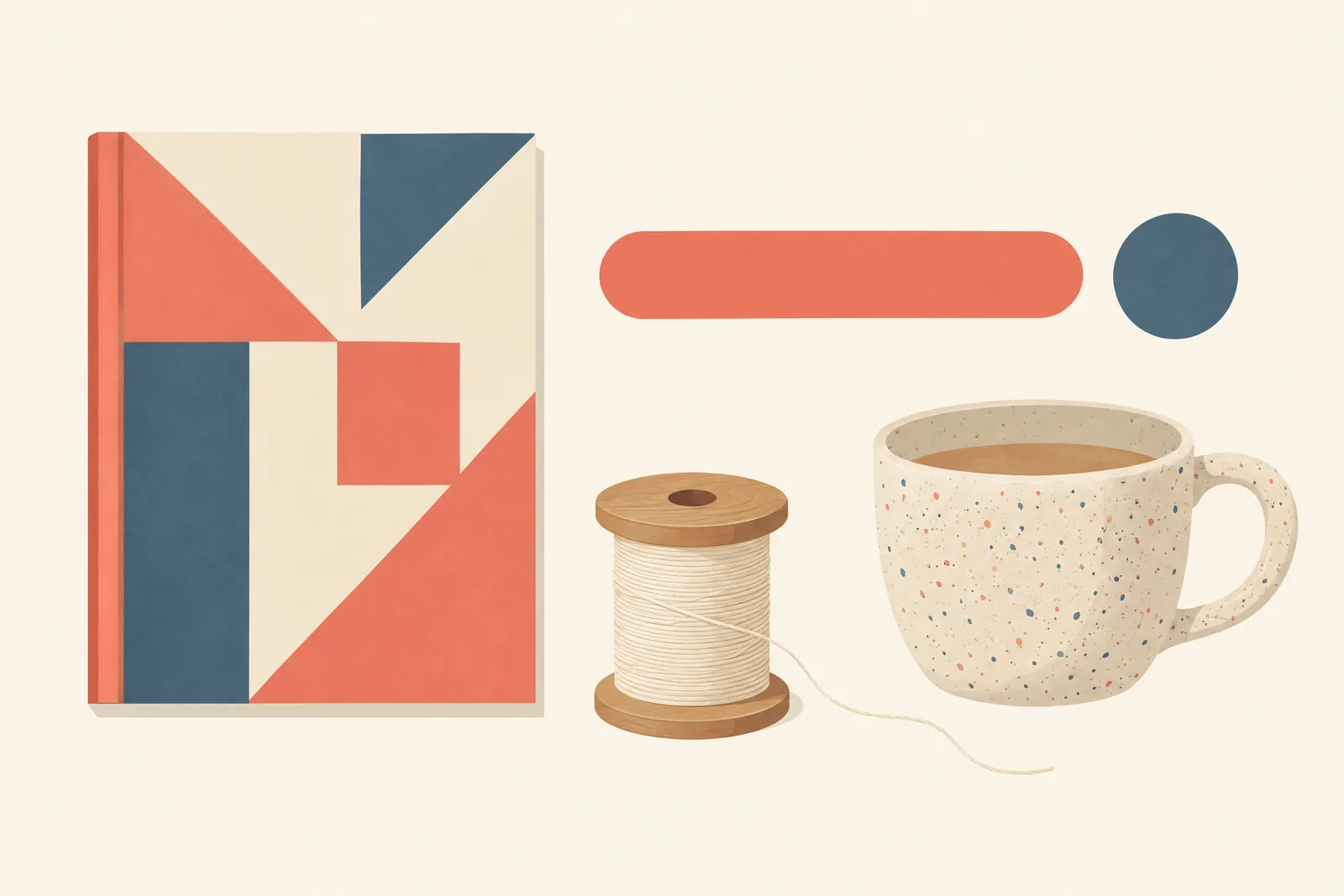 A covered porch still life of a general product arranged with a wooden spool of cream thread, in coral, sand, slate, and cream.