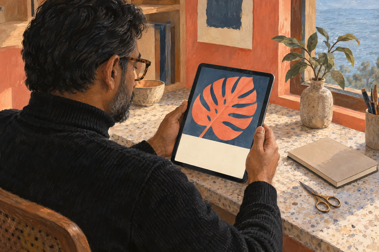 A south asian man in his forties with tortoiseshell glasses in a black turtleneck at a writing cabin looks at a screen showing a ebook product for sale, with a pair of small scissors beside them.