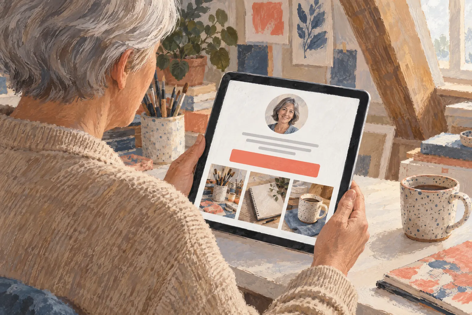 An older woman with cropped gray hair in a sand cardigan at a attic studio looks at a screen showing a general product for sale, with a speckled ceramic cup beside them.