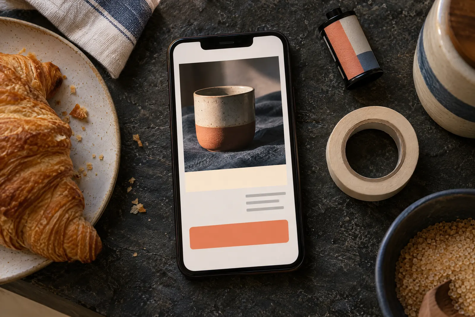 A bakery side counter still life of a video product arranged with a roll of masking tape, in coral, sand, slate, and cream.