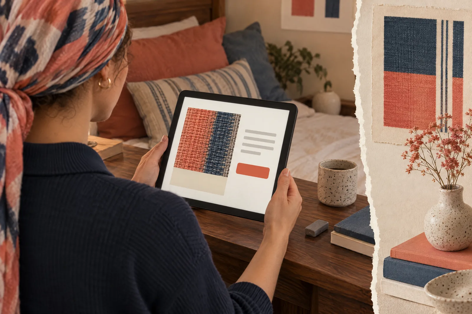 A woman in her thirties wearing a headscarf in a navy knit polo at a bedroom alcove looks at a screen showing a general product for sale, with a gray eraser beside them.