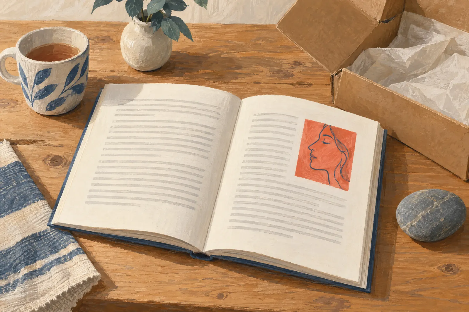 A flower workroom still life of a delivery product arranged with a smooth river stone, in coral, sand, slate, and cream.