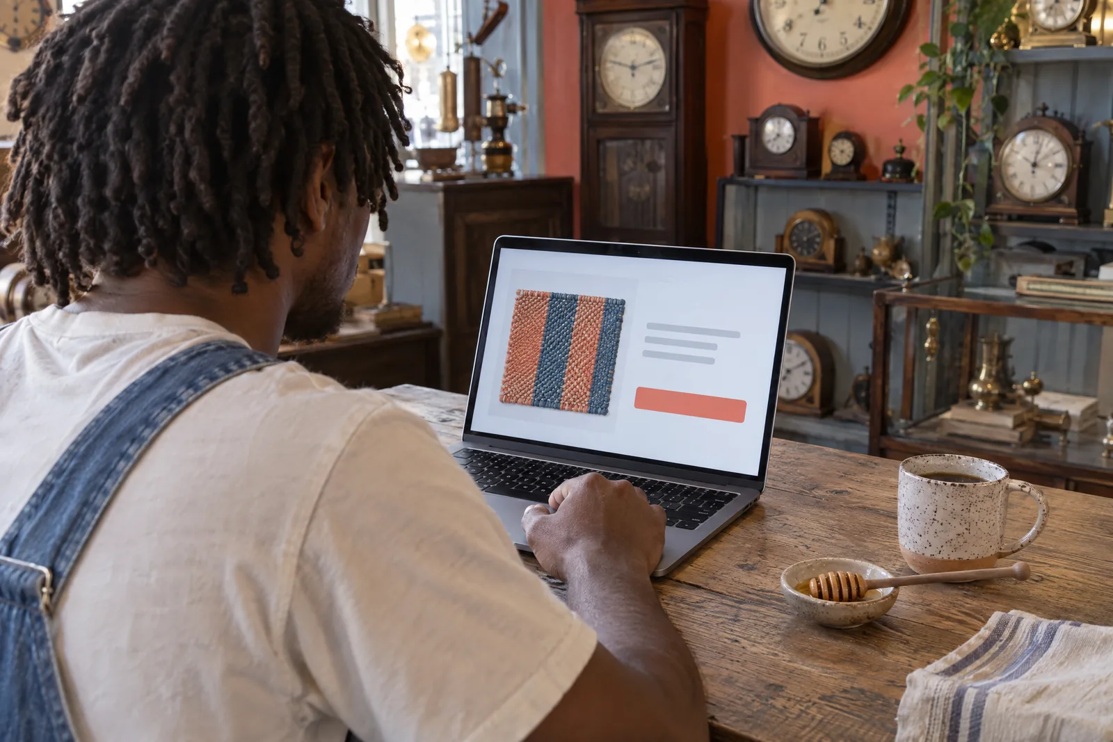 A young man with short locs in a denim overalls at a clock shop looks at a screen showing a general product for sale, with a honey dipper beside them.